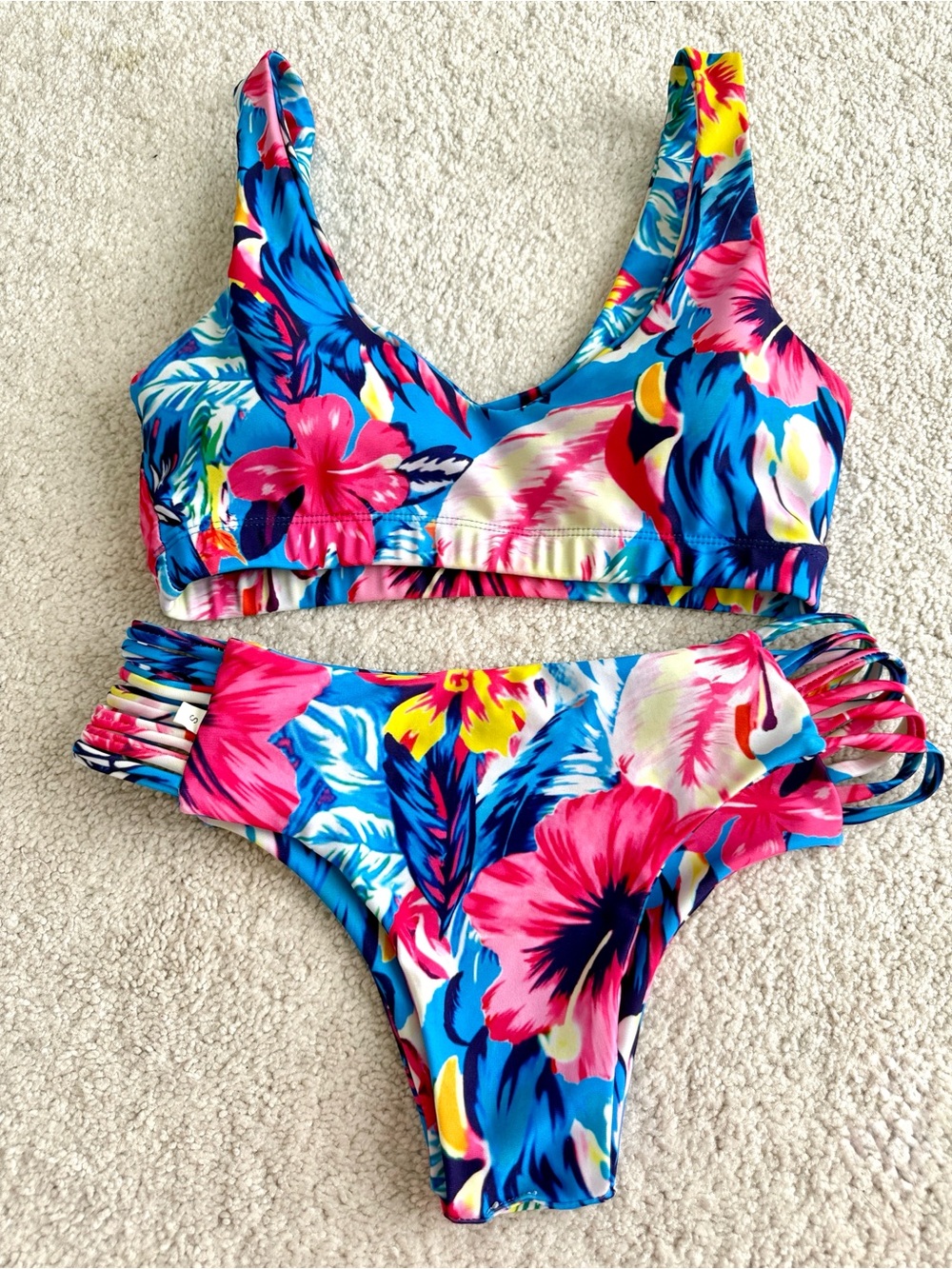 Blue Pink Tropical Floral Bikini Set